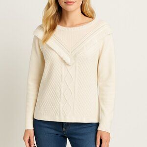 Talbots Cream Fringe Trim Textured Knit Sweater Wool Blend Pullover Size L Large